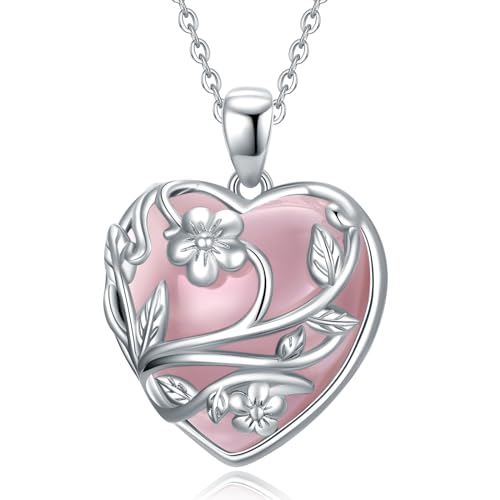 Sterling Silver Rose Quartz Heart Necklace Flower Pendant Gift fo...