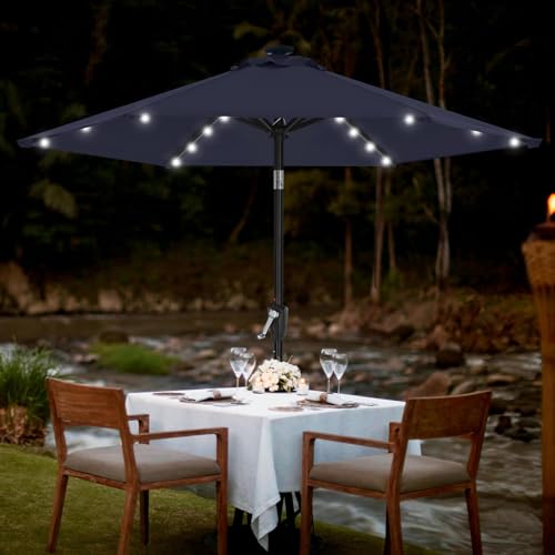 Image of MASTERCANOPY 7.5ft Patio Umbrella with Solar Lights, Navy Blue