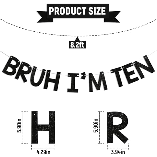 Image of Bruh I'm Ten Banner - Boy's 10th Bruh Birthday Party Decor, Teen Boy Bday Ideas, Funny 10th Birthday Party Decorations Black Glitter