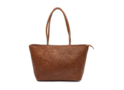 Large Leather Tote Bag for Women - Premium Quality Woven Leather Handbag with Superior Zipper Closure & 2 Pockets