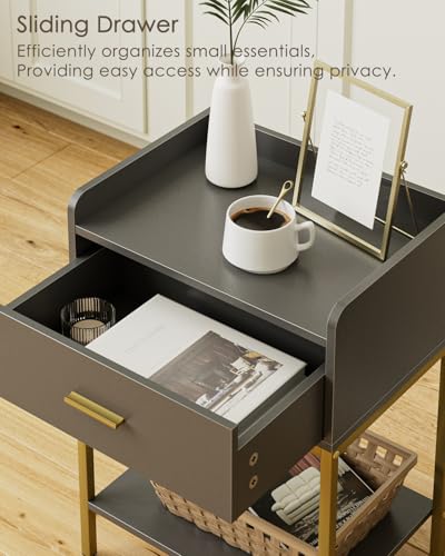 Image of Masupu Gray Nightstand,3-Tier Modern Bedside Table Night Stand with Storage Drawer and Shelf,Small End Side Table for Bedroom,Living Room,(Without Outlet,)