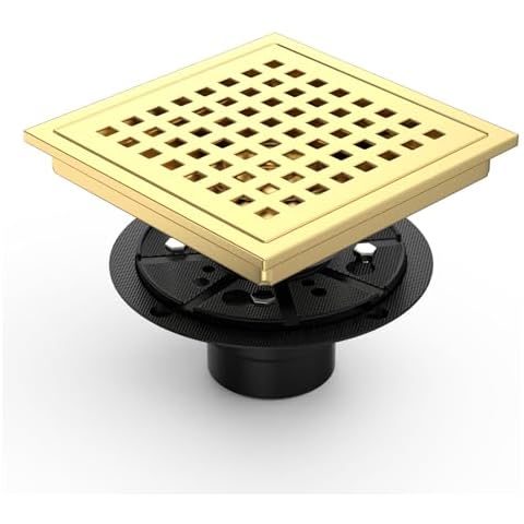 Premium 6" Square Shower Floor Drain with Flange - Quadrato Pattern Removable Grate, Brushed Gold Finish, Food-Grade SUS 304 Stainless Steel Cover