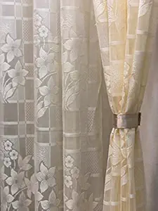 Fabrilia Heavy Polyester Net Semi Transparent Fancy Eyelet Curtain, Floral Design, Cream, Door- 4 Feet X 7 Feet, Pack Of 2 Pcs(Eyelet)