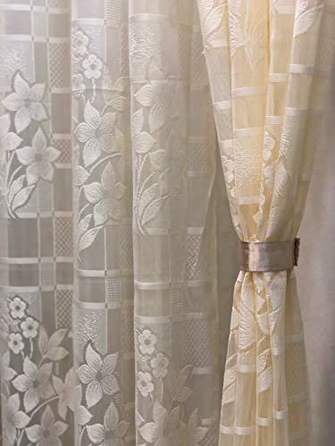 Image of Fabrilia Heavy Polyester Net Semi Transparent Fancy Grommet Semi Sheer Curtains , Floral Design, Cream, Window- 4 Feet X 5 Feet, Pack Of 2 Pcs