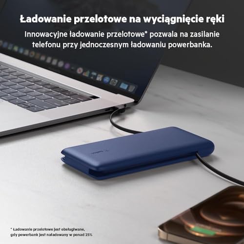 Belkin BOOSTCHARGE Plus 10K Powerbank i ładowarka (10 000 mAh ze zintegrowanymi kablami Lightning (MFI) i USB-C oraz dodatkowym portem ładowania USB-C) – niebieski