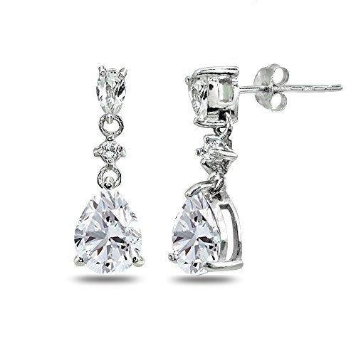 Sterling Silver Genuine or Synthetic Gemstone Pear-Cut Teardrop Dangling Stud Earrings