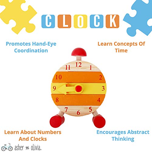 Wooden Peg Puzzles for Toddlers – (Pack of 3 with Stackable Learning Clock) Educational Preschool Puzzles for Toddlers 1 2 3 Year Old Kids Boys Girls Babies 12 18 36 Months Children Math Learning Set