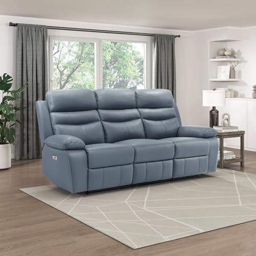 Image of Lexicon Recliner Sofa for Living Room, Double Reclining RV Couch, Power Wall Hugger Recliner Home Theater Seating Leather Match Reclining Sofa, with USB Charge Port, 86.5''W Sofa, Blue