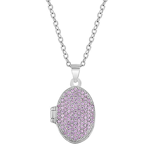 925 Sterling Silver Girl's 16" Pink Cubic Zirconia Oval Photo Locket Necklace - Fashionable and Trendy CZ Oval Shape Pendant Necklaces for Little Girls & Preteens - Personalized Shiny Pink Locket