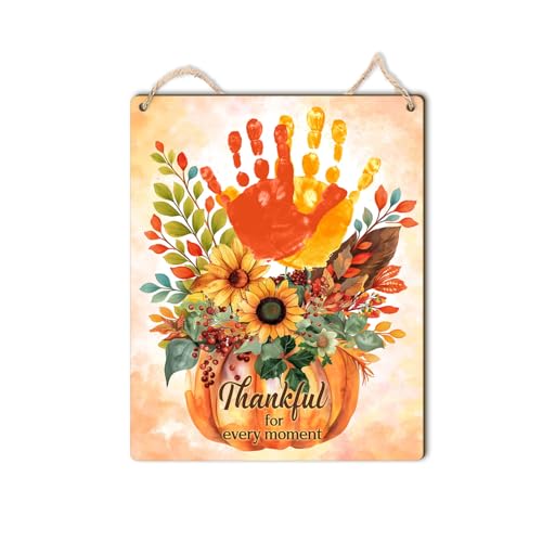Image of Baby Handprint Craft Pumpkin Board, Thankful for Every Moment Fall Thanksgiving Baby Announcement Prop Sign, Kids Footprint Keepsake for Newborn Toddler, Autumn Baby Photo Prop, First Fall Nursery