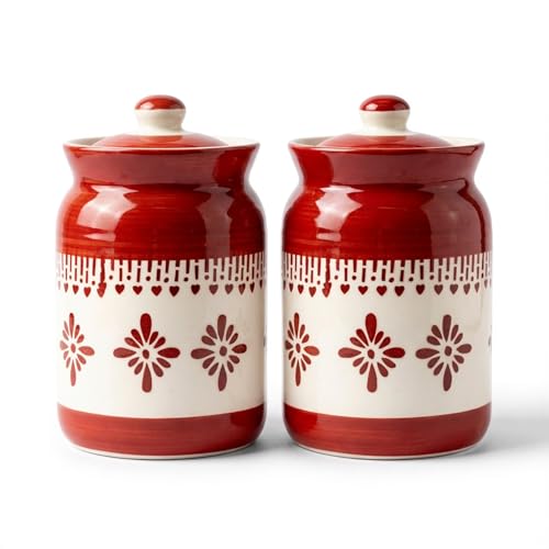 Image of Orange Jhalar Ceramic Handglazed Pickle Jars Set of 2-1000 ML Each | 1 kg Achaar Martban Barni Jar with Lid | Ceramic Storage Jar Container Pickle /Achar, Chatney