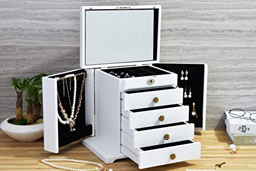 Caffny Large Women Wooden Jewelry Box,Built-In Mirror And Lock, Beautiful Carved Flowers At The Top, 11.9L X 8.1W X 10.7H Inch White #TOP1