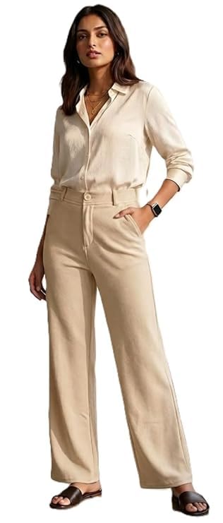 Image of Women Cotton Blend Formal Straight Fit Trousers High Waist Office Wear Pants