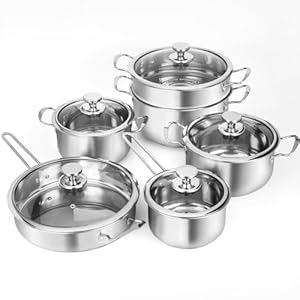11-Piece Stainless Steel Pots and Pans Set, Kitchen Cookware Sets Cooking Set, Induction Pots and Pans with Glass Lids,Steamer,Frying Pans & Saucepan Compatible with All Stovetops