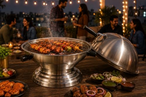 Image of Gas Tandoor Bati Maker | Stainless Steel Mirror Finish 3 Piece Set Gas Stove Tandoor with Heat Resistant Handles & Dome Lid for Bati, Roti, Naan, Pizza, Tikka and Grilling Maker