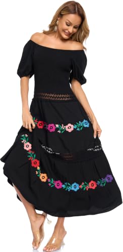 Image of Women's Summer Maxi Dress Casual Floral Embroidered Round Neck Short Sleeve Ruffle Tiered Dress Flowy Boho Beach Sundress