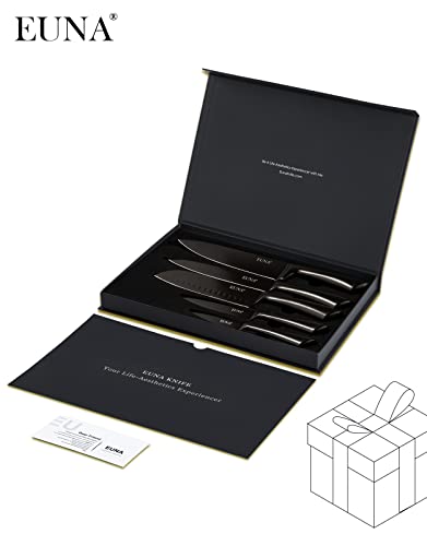 Euna 5 Pcs Kitchen Knife Set [Durable & Sharp], All Metal Chef Knife Set With Sheaths And Gift Box, Premium German Stainless Steel Knife With Ergonomic Handle, Rust-Resistant Cooking Knives #TOP7