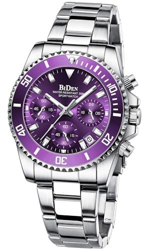 Montre chronographe femme en acier inoxydable argenté et violet avec date