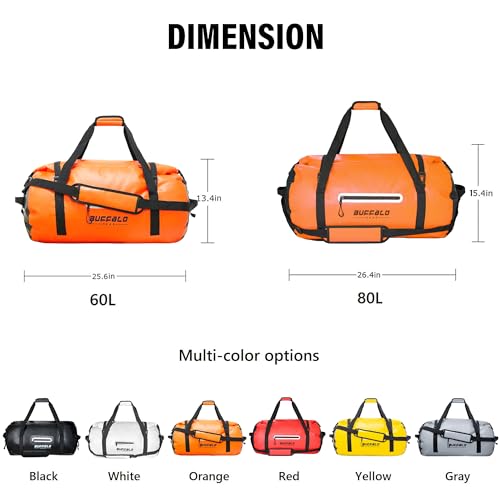 Buffalo Gear Waterproof Duffel Bag 80L Heavy Duty Duffle Bag Travel Dry Bag for Kayaking, Rafting, Boating, Fishing, Camping, Orange - Thumbnail 4