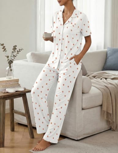 Image of Womens Pajamas Sets 2 Piece Button Up Pj Sets Short Sleeve with Long Pant
