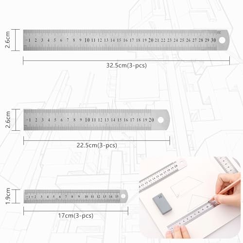 9 Pcs Stainless Steel Ruler Double Side Metal Ruler for Cutting Precision Straight Edge Measuring Tool for Engineering Teaching Home Office (15 20 30 cm) - Image 2