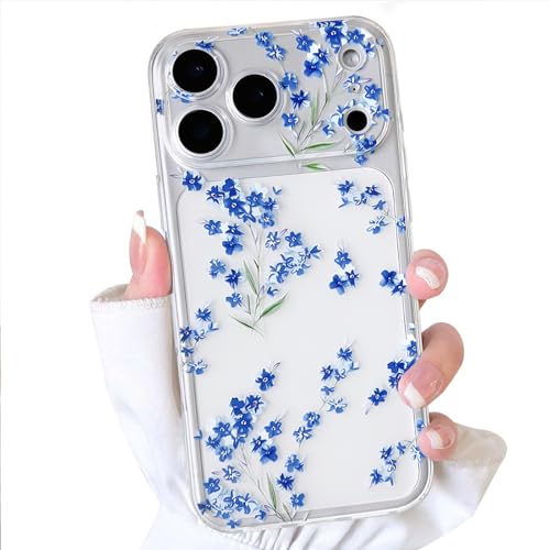 NITITOP Compatible for iPhone 17 Pro Case Cute Clear Flower Floral Artistic Design for Women Girls Stylish Slim Soft TPU Shockproof Protective Girly Phone Cover - Blue