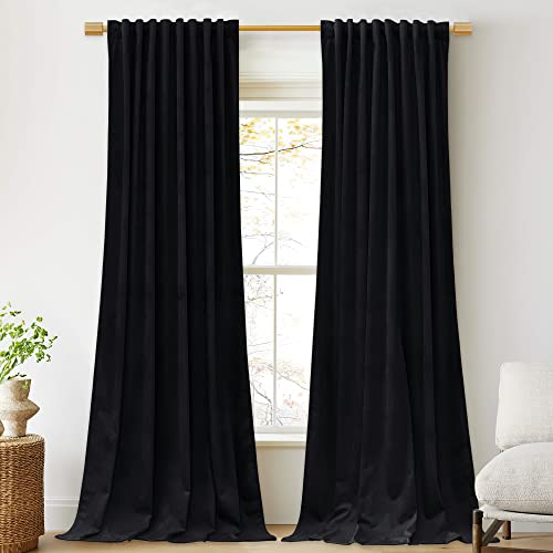 Image of Extra Long Black Velvet Curtains for Home Theater, W52xL108, 2 Pcs | 300GSM Soft Velvet Smooth Drapes, Back Tab Pinch Pleat, Heat & Noise Reducing, Window Covering for Living Room, Bedroom