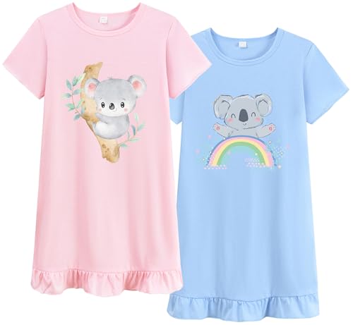 Tkria 2Pcs Girls Nightgowns 3-10 Years Flutter Short Sleeves Nightdress Nightie Dress Sleepwear Pajamas for Toddler Girls