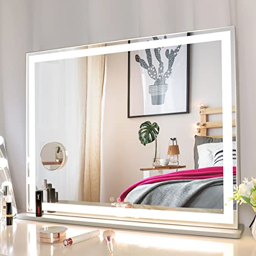Anyhi Vanity Mirror With Led Light, Large Hollywood Lighted Makeup Mirror, Tabletop/Wall Light Up Mirror For Bedroom, Smart Touch Screen, 3 Color Modes, Silver (22.1" X 28.3") #TOP1