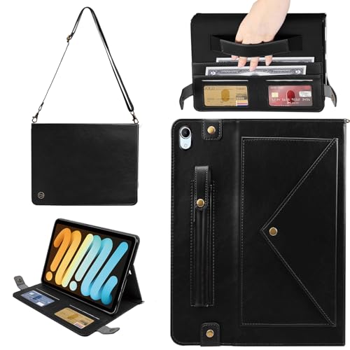 Étui iPad Mini 6 en cuir synthétique avec support et bandoulière noire