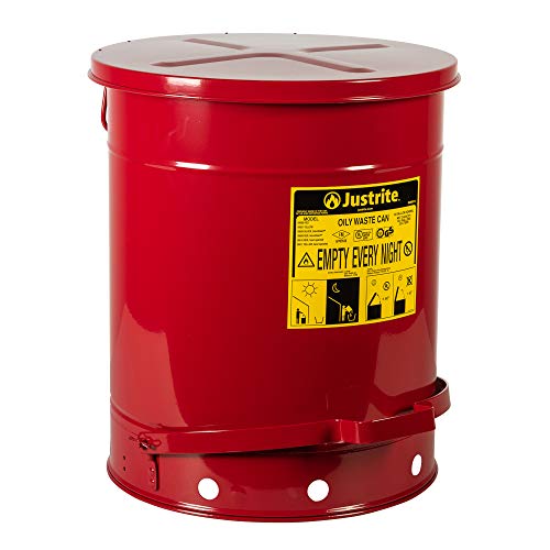 Justrite 09508 SoundGuard Galvanized Steel Oily Waste Safety Can with Foot Operated Cover, 14 Gallon Capacity, Red, 16-1/16" OD x 20-1/4" H #1