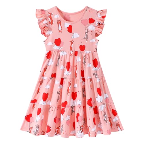 Image of HILEELANG Girls Cotton Tiered Dress Flutter Ruffle Sleeve Summer Swing Sundress Birthday Party Casual Outfit Colorblock 2-12Y