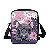 HUGS IDEA Messenger Bag für Damen, Umhängetasche, Handtasche, Clutch, Geldbörse, kleine Crossbody-Tasche mit verstellbarem Schultergurt, Französische Bulldogge mit Blumenmuster, Einheitsgröße