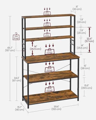 Image of VASAGLE Coffee Bar, 39.4 Inches Baker's Rack for Kitchen with Storage, 6-Tier Kitchen Shelves with 6 Hooks, Microwave Stand, Industrial, Rustic Brown and Ink Black UKKS039K01