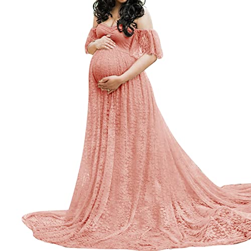 YILEEGOO Stylish Maternity Dress for Photoshoots: Off-Shoulder Chiffon Gown with Front Split in Solid Colors for Comfortable and Gorgeous Pregnancy Photos (A1 Pink, M)