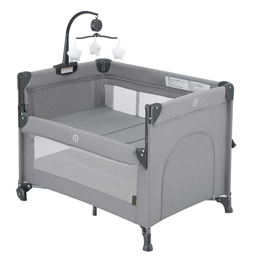 QUTANIX 2-in-1 Baby Playard, Pack and Play Bassinet, Easy Folding Portable Crib with Music Mobile...