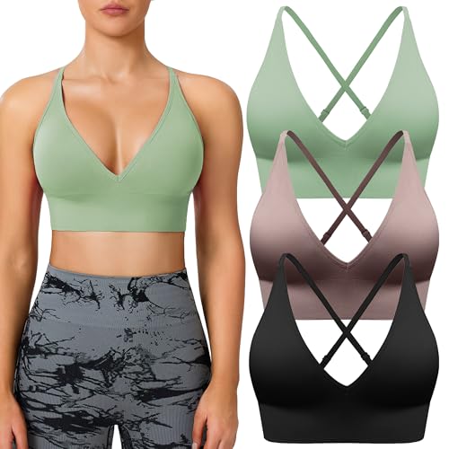 Image of BLUELILY Sports Bras for Women Padded Adjustable Deep V Neck Bra Seamless Spaghetti Strap Criss Cross Light Impact Yoga Bras