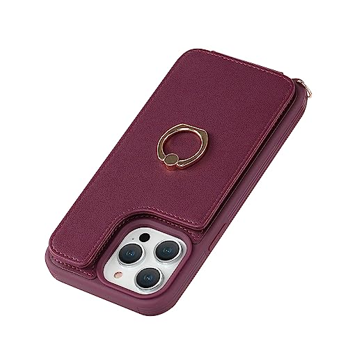 Image of for iPhone 13 Pro Case with Card Holder and Strap for Women,Crossbody Lanyard,RFID Blocking,Kickstand Ring Stand,Snap Clasp,Phone Wallet Cases 6.1 inch(Wine Red)