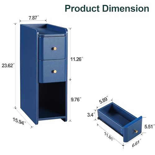 Image of FurSch Narrow Nightstand, Wooden 2 Drawer, Slim Side End Table, Blue, 1 pc