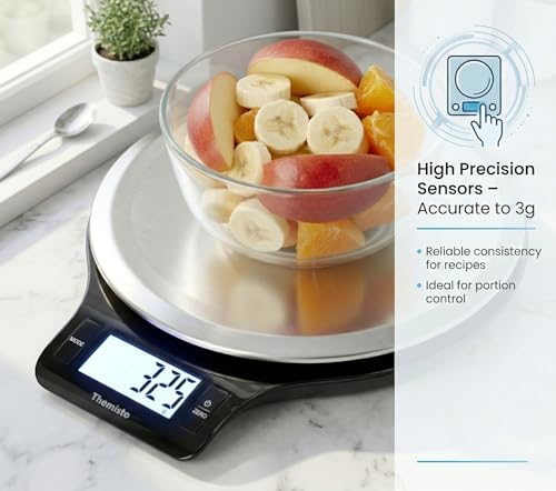 Image of Themisto TH-WS21 Digital Kitchen Weighing Scale for Cooking, Baking, Health & Fitness | Max Capacity 5kg | Stainless Steel | Tare Function | 6 Months Warranty