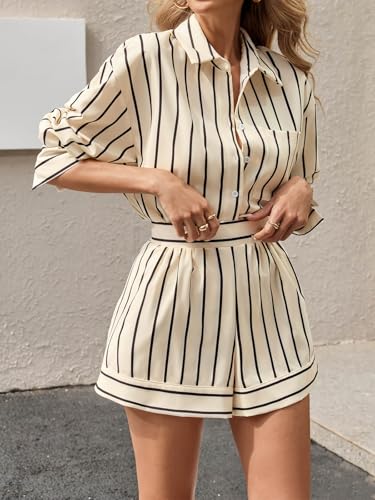 Tankaneo Womens 2 Piece Outfits Striped Long Sleeve Button Down Collared Shirt Matching Shorts Sets4