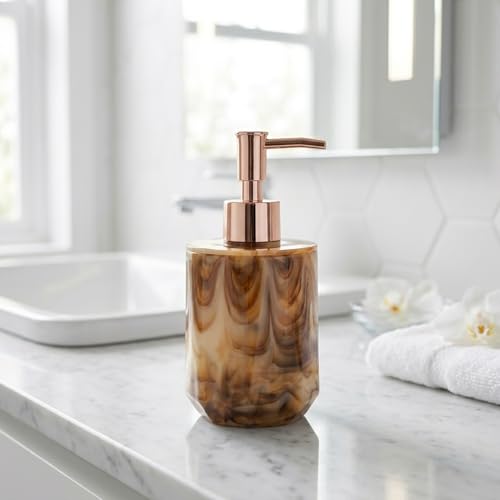 Image of Luxe Home International Marble Pattern Plastic Soap Dispenser for Bathroom and Kitchen Sink Leak Proof Liquid Hand Wash Round Bottle Lightweight Smooth Finish (17x8 cm Brown) Pack of 1