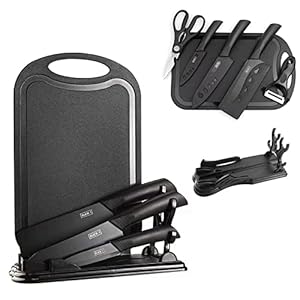 Irai Utaki Kitchen Knife Set, Nakiri Knife, Small Santoku Knife, Petty Knife, Peeler, Kitchen Scissors, Cutting Board Set of 6, Includes Stand, Black Blade, Stainless Steel, Antioxidant, Long Durability, Easy Maintenance, Cookware Set, For Home Use, Dishwasher Safe, Model Number: BUCK-1 Black