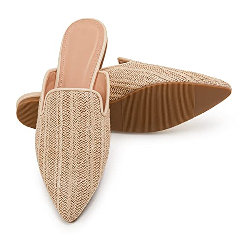Womens Raffia Mules Flat Pointed Toe Low Heel Slides Slip On Backless Casual Sandals #TOP2