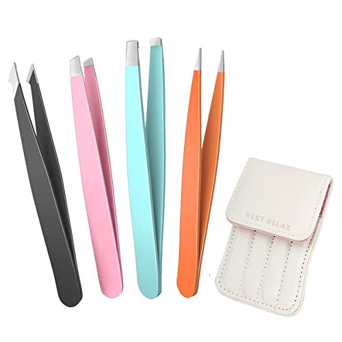 RESTRELAX, Stainless Steel Best Professional Tweezers, Eyebrow Tweezers for Women, Plucking Daily Beauty Tool with Leather Travel Set, eyebrow shaper, Great Precision Facial Hair Removal Slant Tweezer