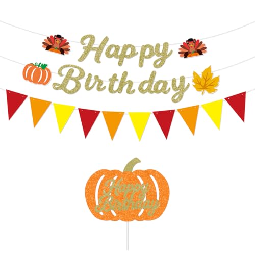 ANFEST Glitter Happy Birthday Banner with Turkeys, Pumpkins, Pre Strung Cardstock, with Cake Topper Banner for Autumn Thanksgiving Birthdays Party Decoration