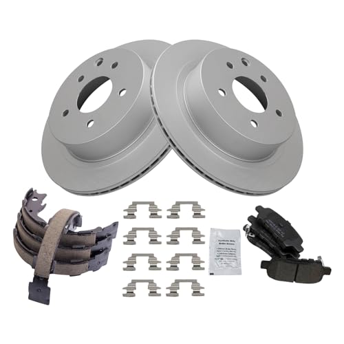 Image of TRQ Rear Brake Pad and Rotor Set Semi Metallic G Coated Rotors Parking Brake Shoe Compatible with 2011-2022 Nissan Leaf with Manual Parking 2008-2013 Rogue 2014-2015 Rogue Select