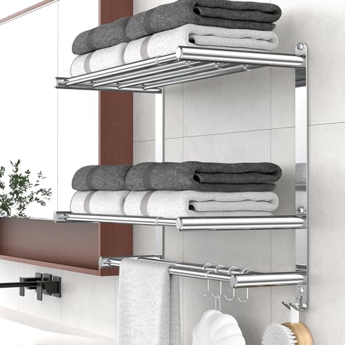 Bathroom Towel Rack with Shelf and Towel Bar, 2-Tier Expandable (16.9 to 28 Inches) SUS304 Stainless Steel, Wall Mounted or Adhesive, 4 Sliding Hooks Rust Resistant, Rounded Corners, Side Guards