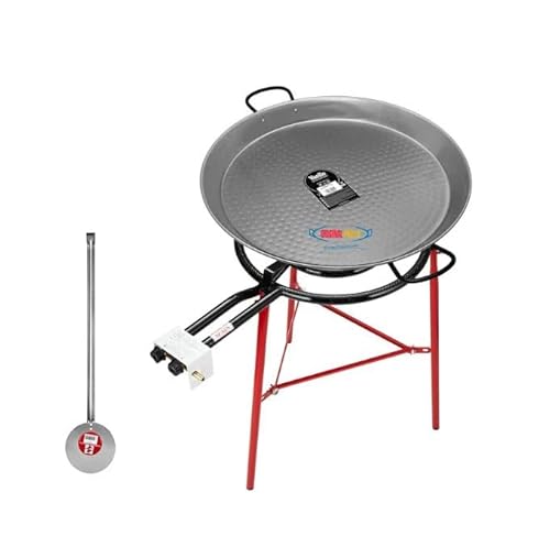 Callow Retail Paella Cooking Set with Polished Steel Paella Pan, Gas Burner, Legs and Skimming Spoon - Paellera Set for use at Home or Garden Outdoor Cooking (70cm Pan with 50cm 2 Ring Burner)