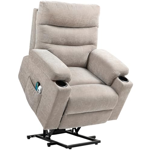 HOMCOM Relaxsessel Elektrisch Fernsehsessel mit Aufstehhilfe, Vibrationsmassage, Liegefunktion, Massagesessel mit Fußteil, 2 Motorn, Lendenwärme, Timer, Seitentasche, Becherhalter Hellbraun